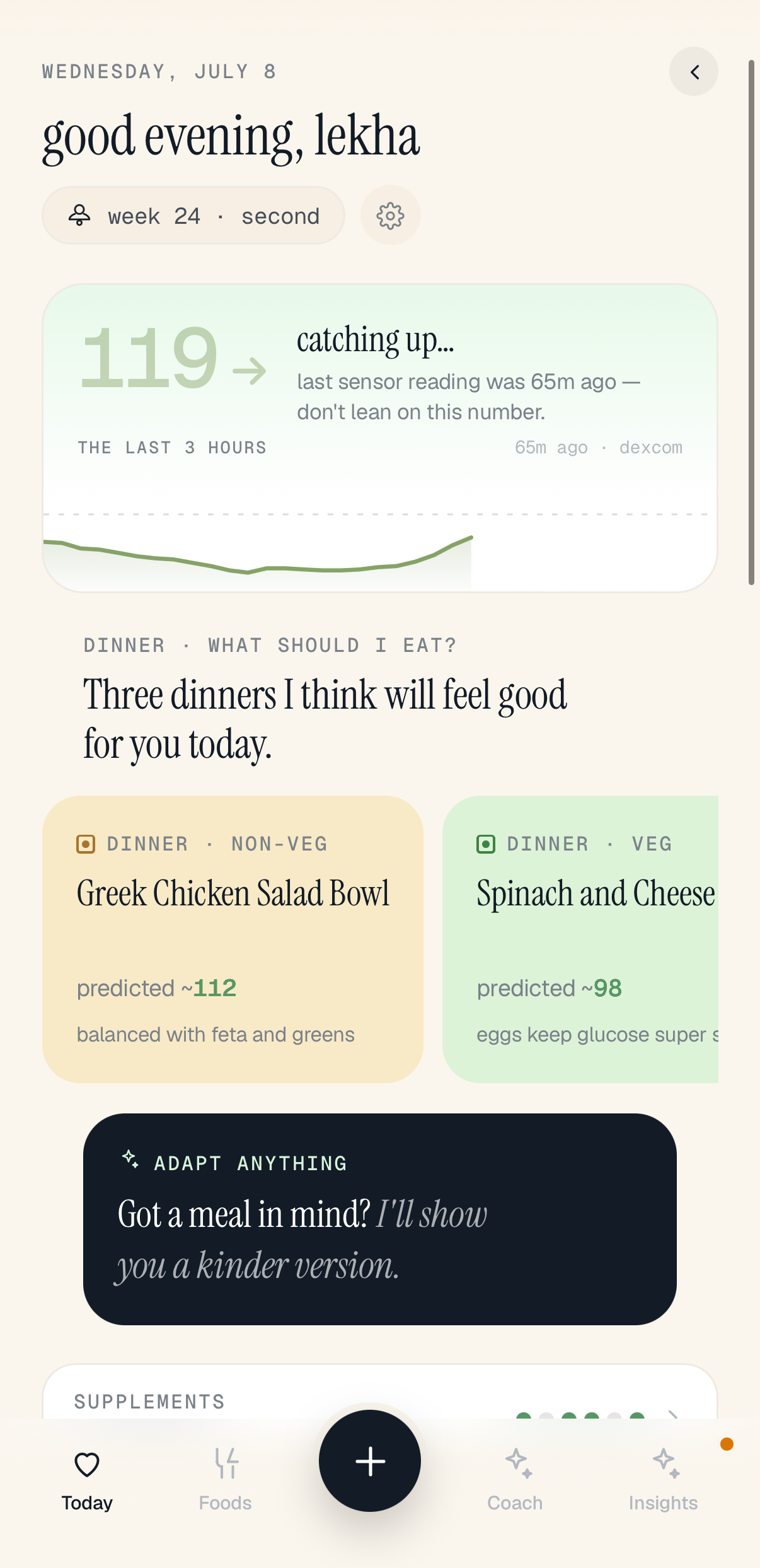Bloom — today screen with glucose trend and dinner ideas
